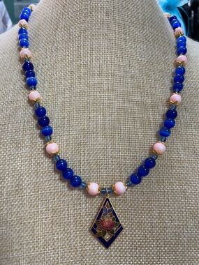 Artisan Blue Cat’s Eye Glass and Cloisonné Pendant Necklace